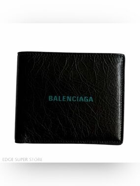 Balenciaga Black Leather Bifold Wallet Blue Logo Card Holder Made in Italy